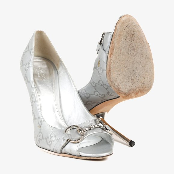 Gucci Guccisimma Silver Horsebit Metal Heel Open-Toe Pump, Size 7.5 - Picture 4 of 11